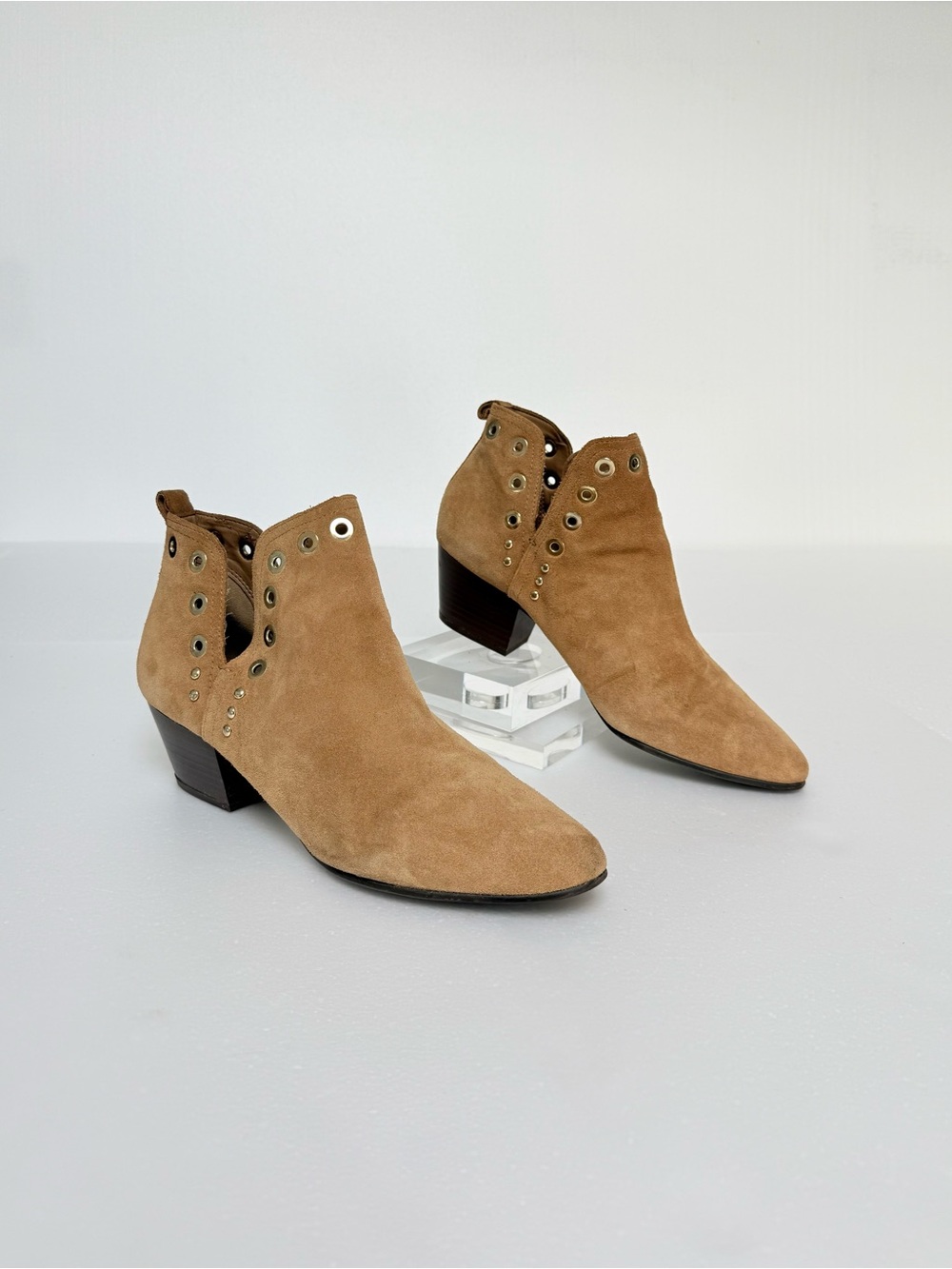 Sam Edelman Rubin Tan Suede Cutout Ankle Western Booties with Eyelet Trim